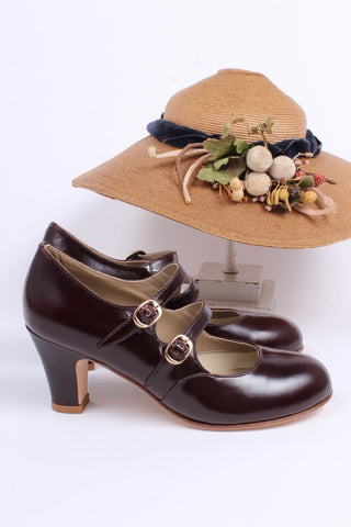 20s / early 30s style leather pumps with two adjustable ankle straps - Dark brown - Judy - memery