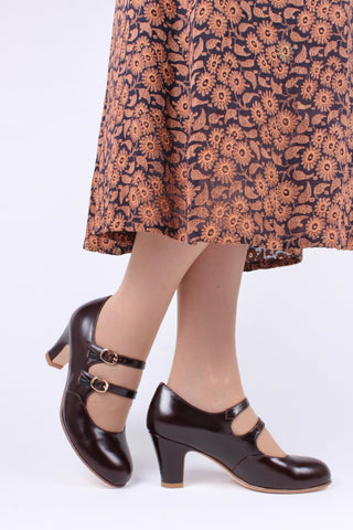 20s / early 30s style leather pumps with two adjustable ankle straps - Dark brown - Judy - memery