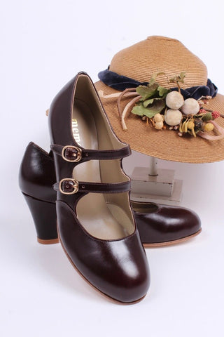 20s / early 30s style leather pumps with two adjustable ankle straps - Dark brown - Judy - memery