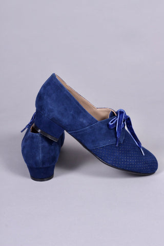 40s Derby shoes in suede - Low heel - Navy Blue - Esther - memery