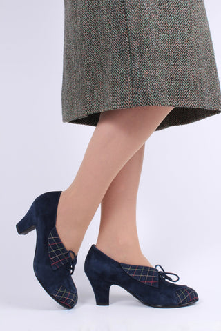40's vintage style pumps in suede with colored stitches - Navy blue - Edith - memery