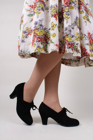 40s vintage style pumps in suede with lace - Black - Esther - memery