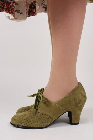 40's vintage style pumps in suede with lace - Green - Esther - memery