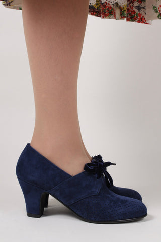 40's vintage style pumps in suede with lace - navy blue - Esther - memery