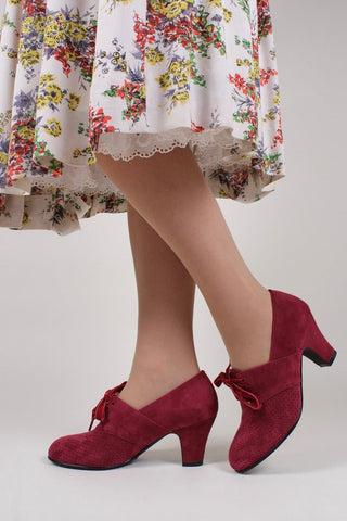 40's vintage style pumps in suede with lace - Red - Esther - memery