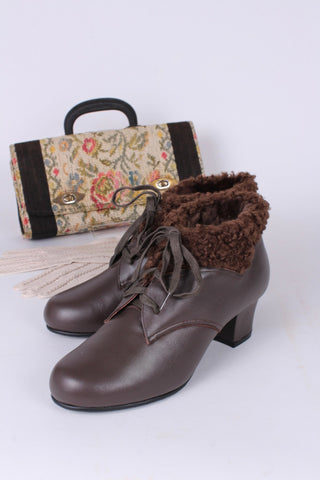 Soft 1940s /1950s style booties with fur - Dark Brown - Karin - memery