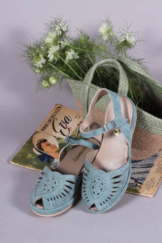 1940s / 50s style suede wedge - Dusty blue green - Ella