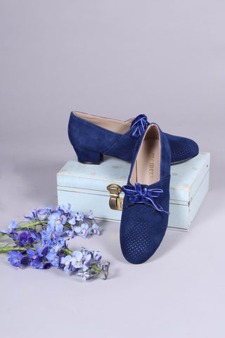 40s Derby shoes in suede - Low heel - Navy Blue - Esther