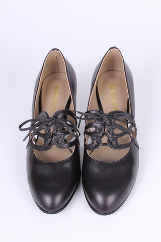 1930s everyday lace - up medium high heels - black - Eva - memery