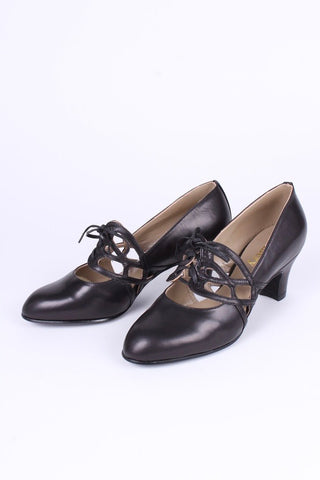 1930s everyday lace - up medium high heels - black - Eva - memery