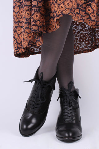 1930s style leather lace - up ankle boot - Black - Betty - memery