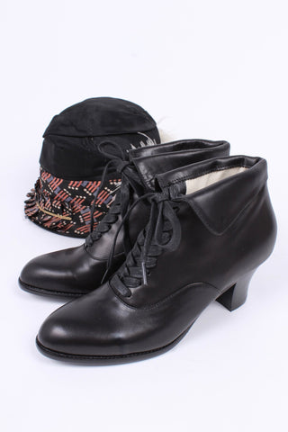 1930s style leather lace - up ankle boot - Black - Betty - memery