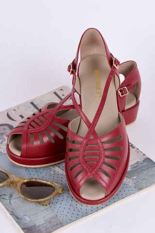 1940s style summer sandals / wedges - Burgundy / Maroon red - Katharine - memery