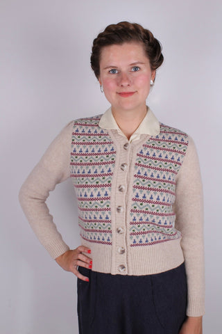 1940s vintage style cardigan - Merino - Cream with pattern - Rosemary - memery