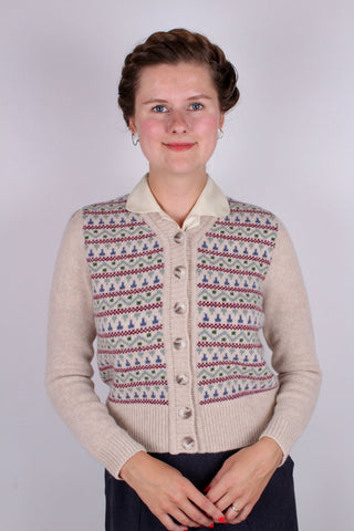 1940s vintage style cardigan - Merino - Cream with pattern - Rosemary - memery