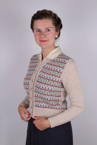 1940s vintage style cardigan - Merino - Cream with pattern - Rosemary - memery