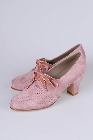 40's vintage style pumps in suede with lace, Dark Powder Rose - Esther