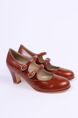 20s / early 30s style leather pumps with two adjustable ankle straps - Cognac - brown - Judy - memery