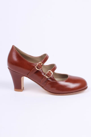 20s / early 30s style leather pumps with two adjustable ankle straps - Cognac - brown - Judy - memery