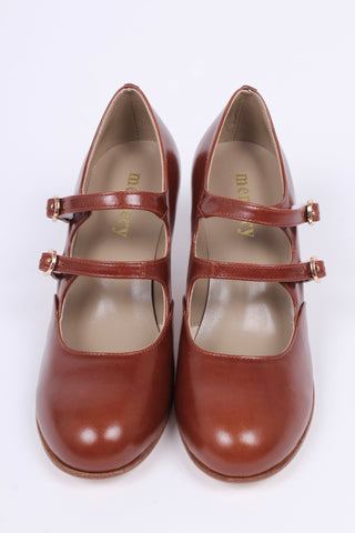 20s / early 30s style leather pumps with two adjustable ankle straps - Cognac - brown - Judy - memery