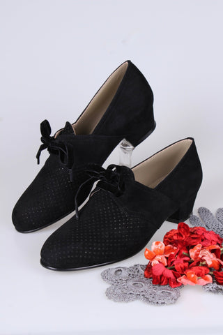 40s Derby shoes in suede - Low heel - Black - Esther - memery