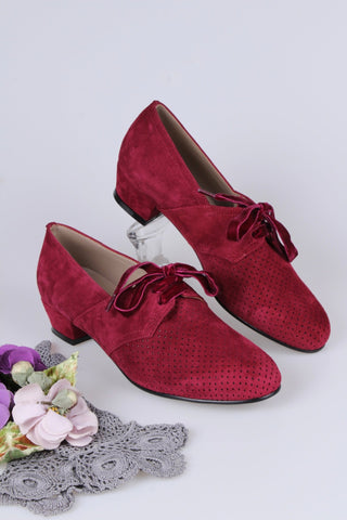 40s Derby shoes in suede - Low heel - Burgundy red - Esther - memery