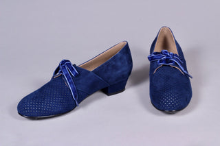 40s Derby shoes in suede - Low heel - Navy Blue - Esther - memery