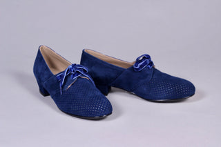 40s Derby shoes in suede - Low heel - Navy Blue - Esther - memery