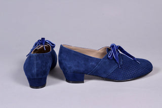 40s Derby shoes in suede - Low heel - Navy Blue - Esther - memery