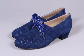 40s Derby shoes in suede - Low heel - Navy Blue - Esther - memery