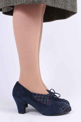 40's vintage style pumps in suede with colored stitches - Navy blue - Edith - memery