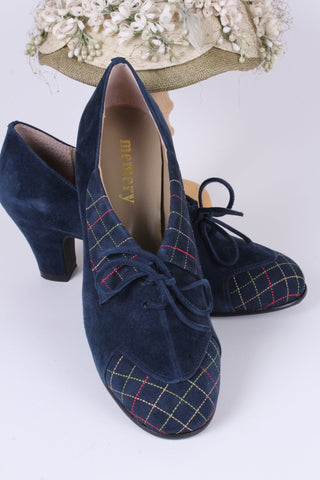 40's vintage style pumps in suede with colored stitches - Navy blue - Edith - memery