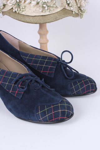 40's vintage style pumps in suede with colored stitches - Navy blue - Edith - memery
