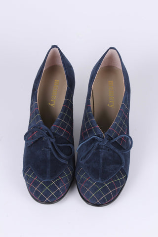 40's vintage style pumps in suede with colored stitches - Navy blue - Edith - memery