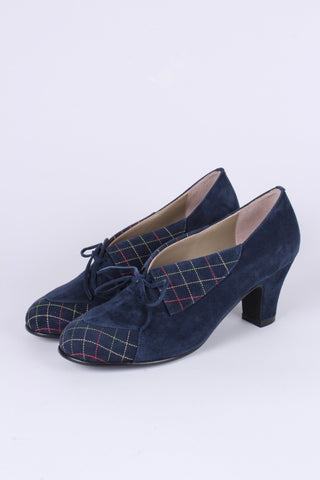 40's vintage style pumps in suede with colored stitches - Navy blue - Edith - memery