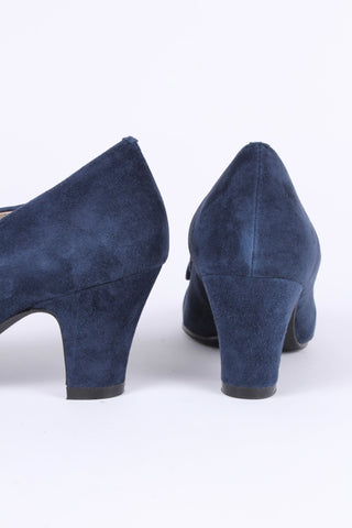 40's vintage style pumps in suede with colored stitches - Navy blue - Edith - memery