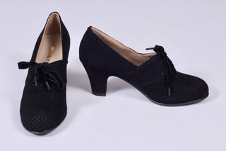 40s vintage style pumps in suede with lace - Black - Esther - memery