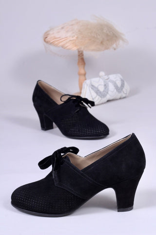 40s vintage style pumps in suede with lace - Black - Esther - memery