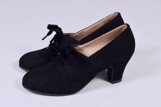 40s vintage style pumps in suede with lace - Black - Esther - memery