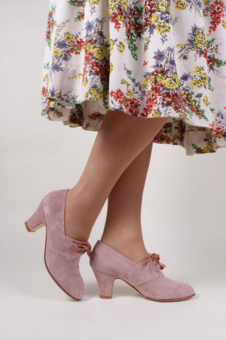 40's vintage style pumps in suede with lace, Dark Powder Rose - Esther - memery