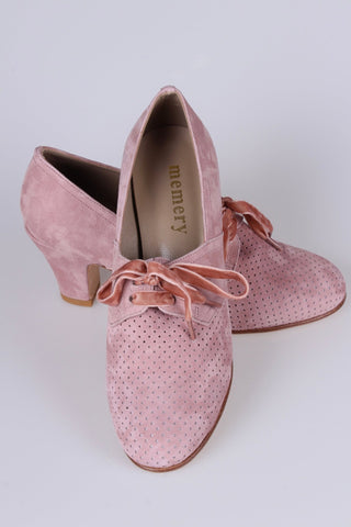 40's vintage style pumps in suede with lace, Dark Powder Rose - Esther - memery