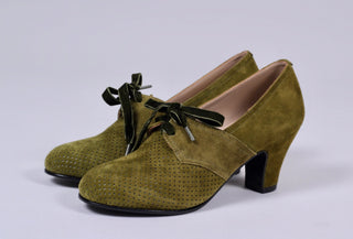 40's vintage style pumps in suede with lace - Green - Esther - memery