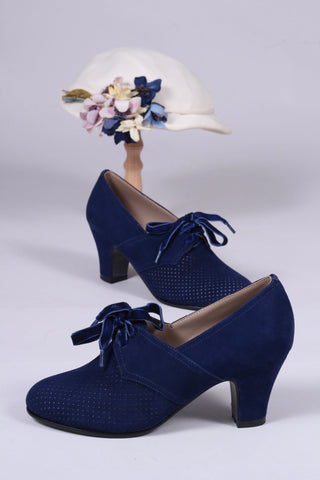 40's vintage style pumps in suede with lace - navy blue - Esther - memery