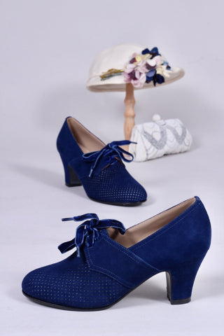 40's vintage style pumps in suede with lace - navy blue - Esther - memery