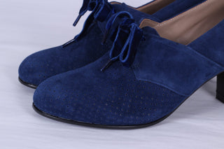 40's vintage style pumps in suede with lace - navy blue - Esther - memery