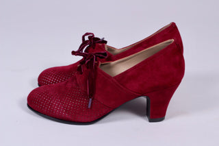 40's vintage style pumps in suede with lace - Red - Esther - memery