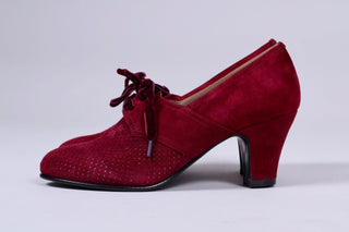 40's vintage style pumps in suede with lace - Red - Esther - memery