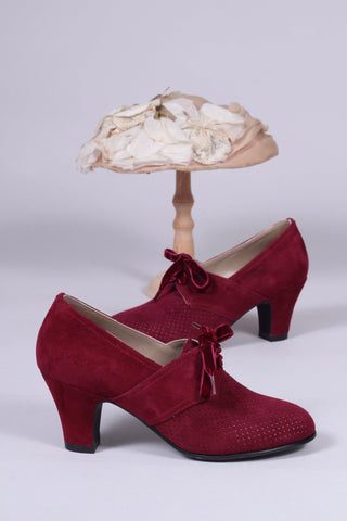 40's vintage style pumps in suede with lace - Red - Esther - memery