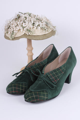 40's vintage style pumps in suede with colored stitches - Dark Green - Edith