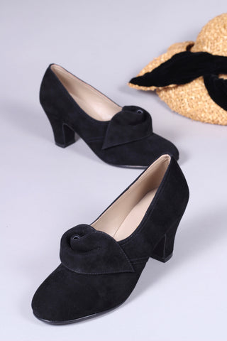 40's vintage style pumps in suede with rosette - Black - Luise